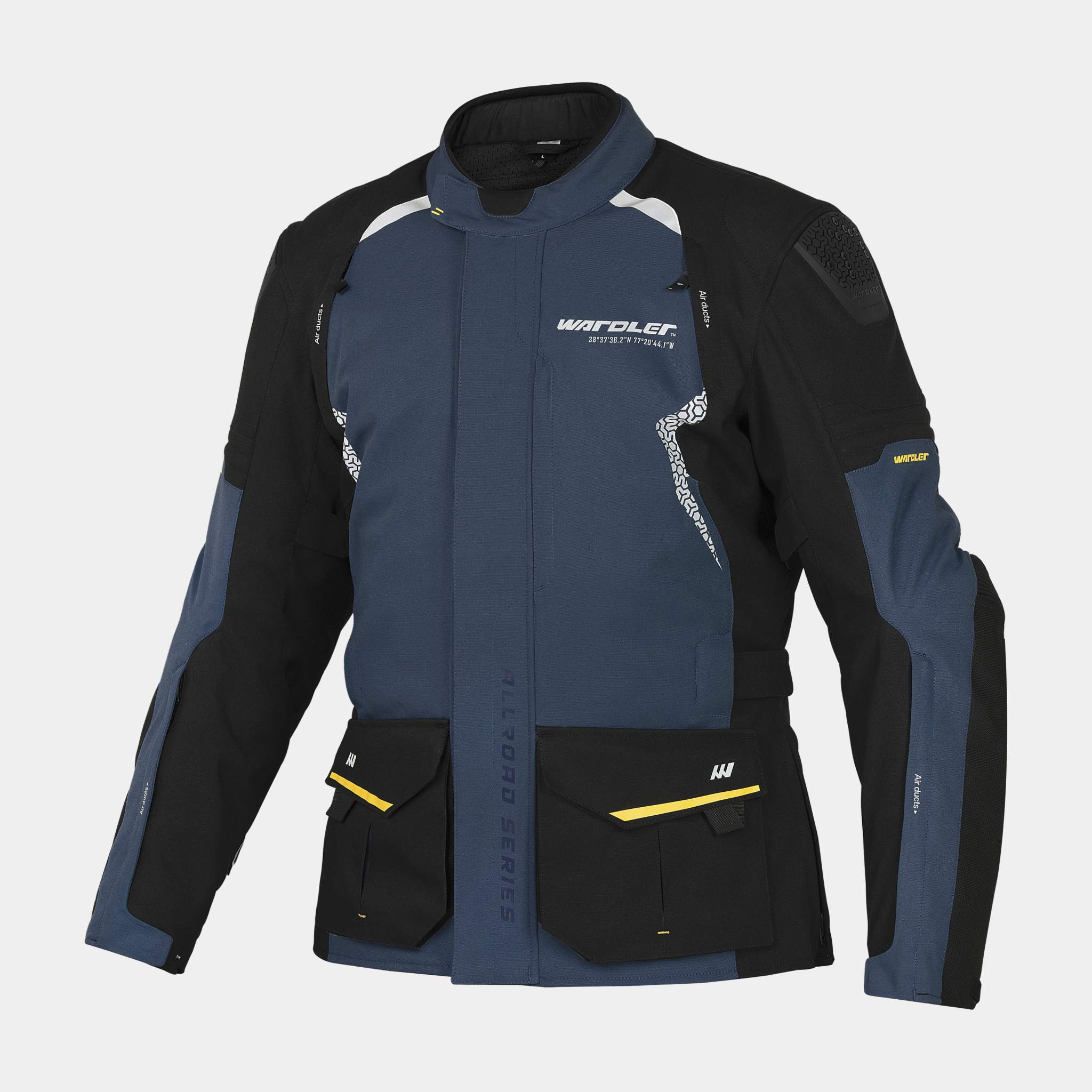 Allroad Adventure Motorcycle Jackets, Blue-Black, Front View, Wardler