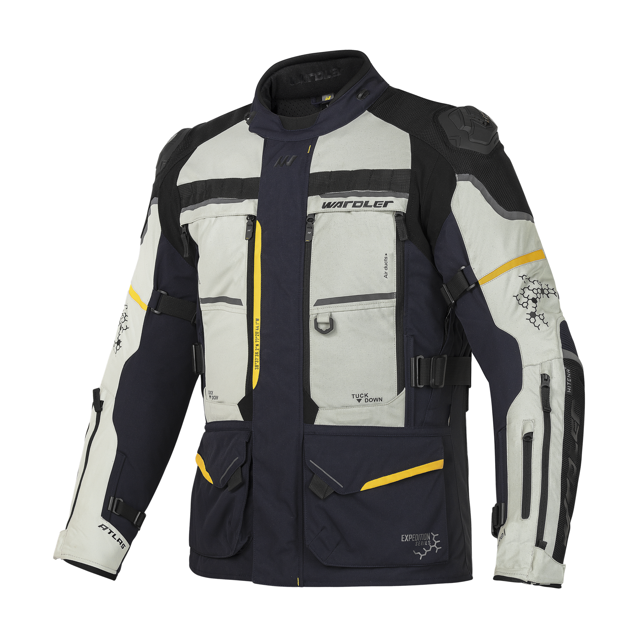 Atlas Adventure Motorcycle Jackets, Navy Blue-Ice Grey, Front View, Wardler