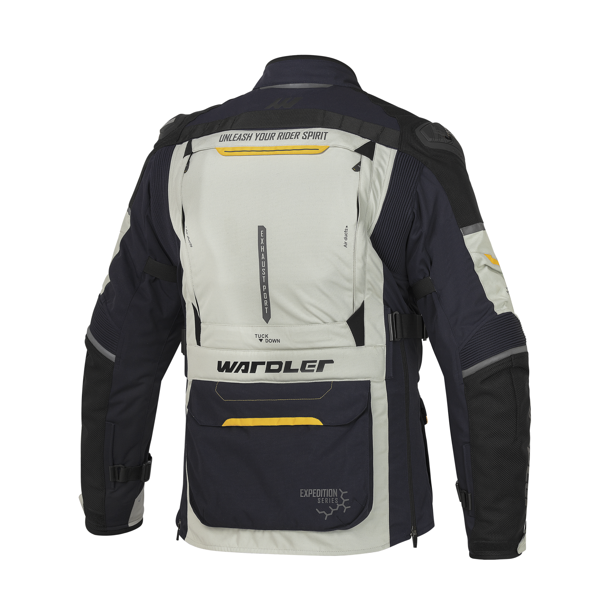 Atlas Adventure Motorcycle Jackets, Navy Blue-Ice Grey, Back View, Wardler