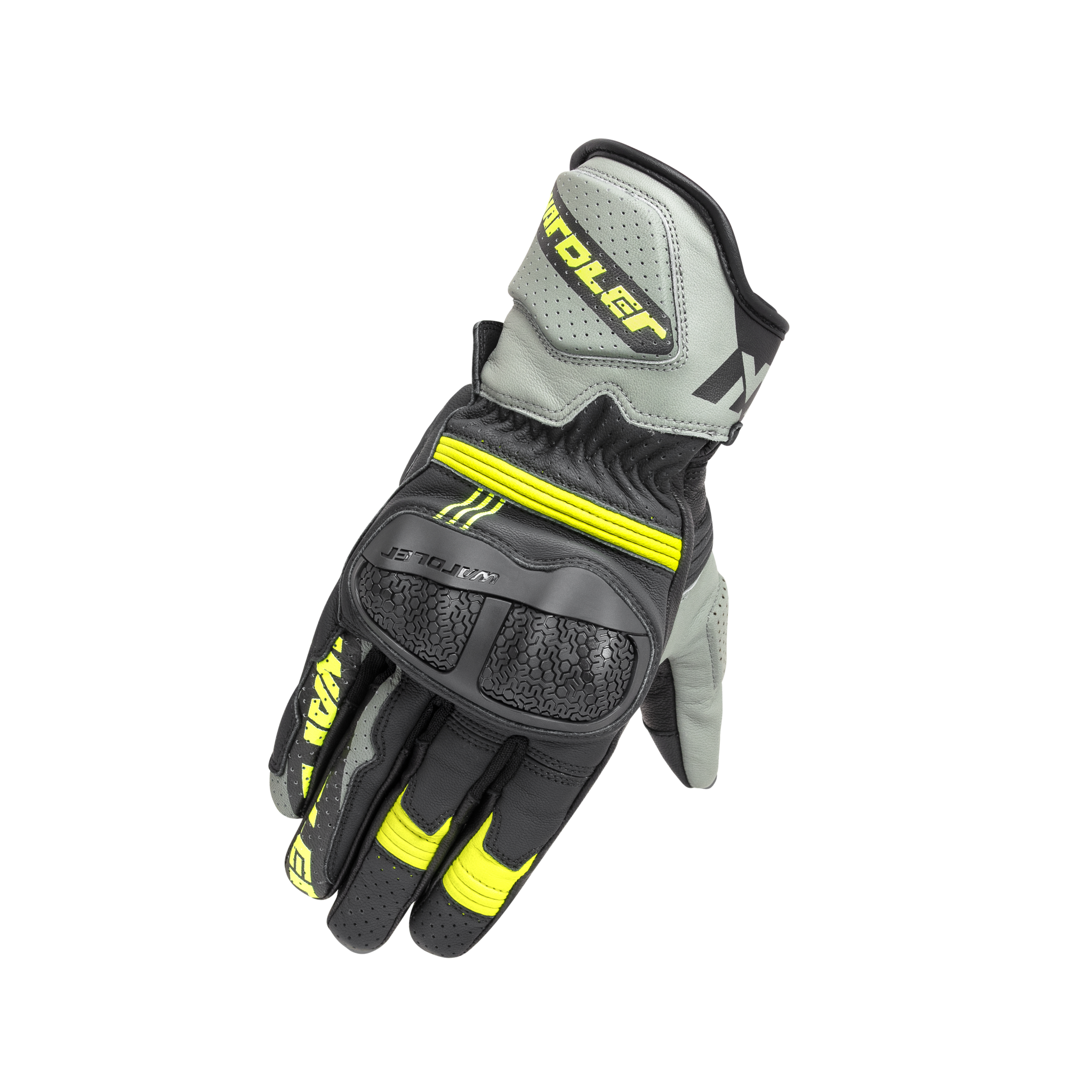 Wardler Leather Motorcycle Gloves, Raptor Neon Yellow, Front View